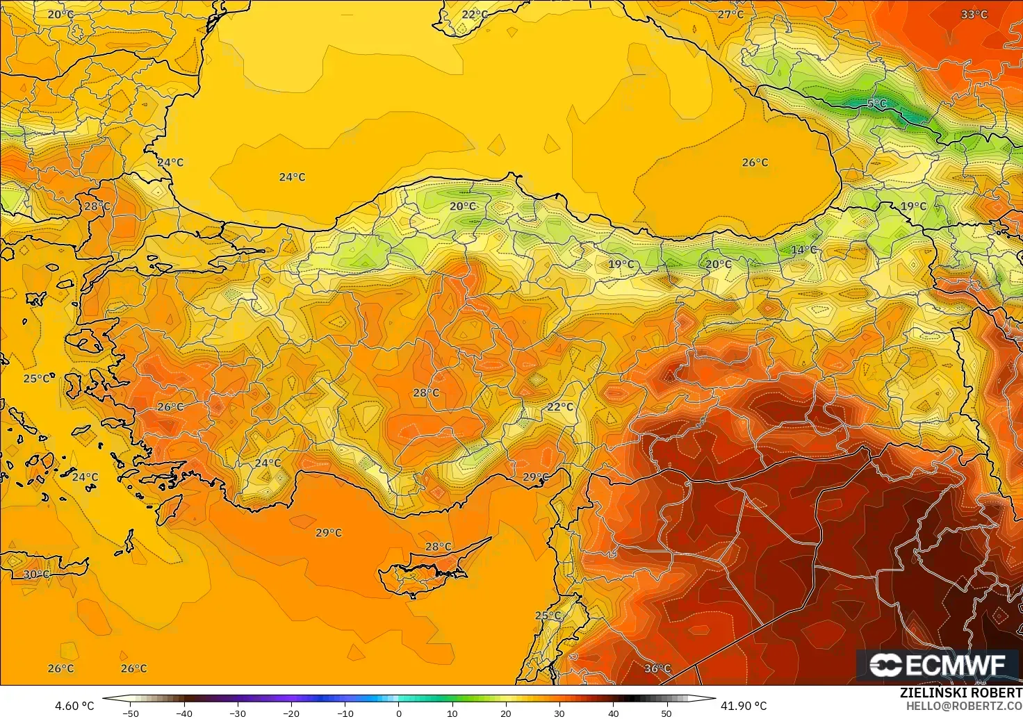 ECMWF IFS 0.25° モデル - トルコ, 気温（2m）