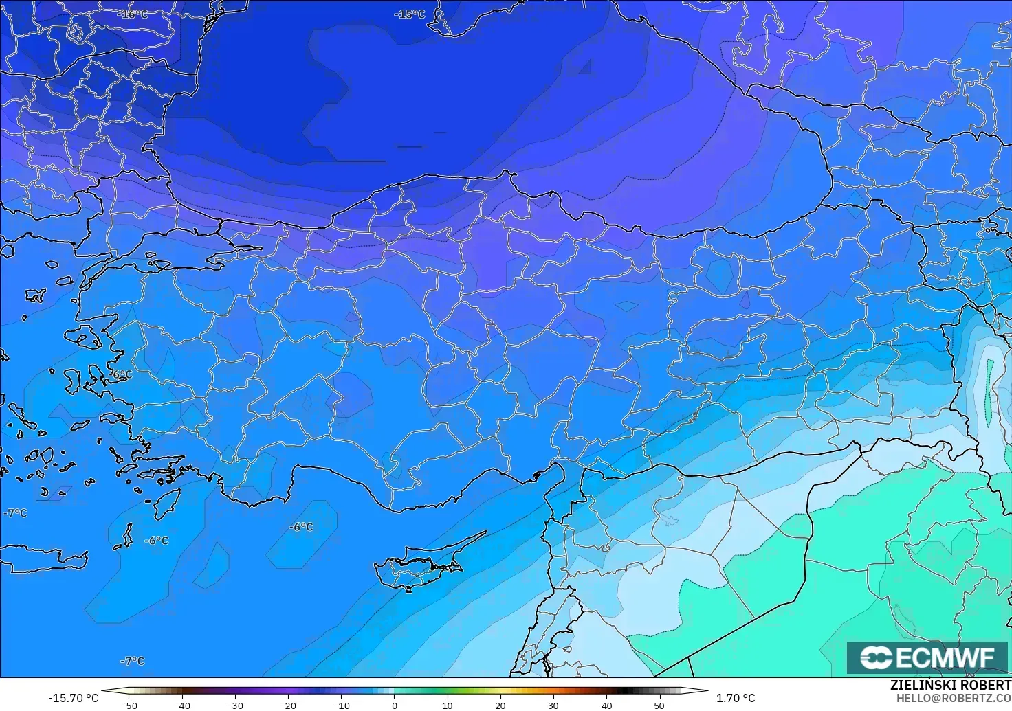 ECMWF IFS 0.25° モデル - トルコ, 気温（500hPa）
