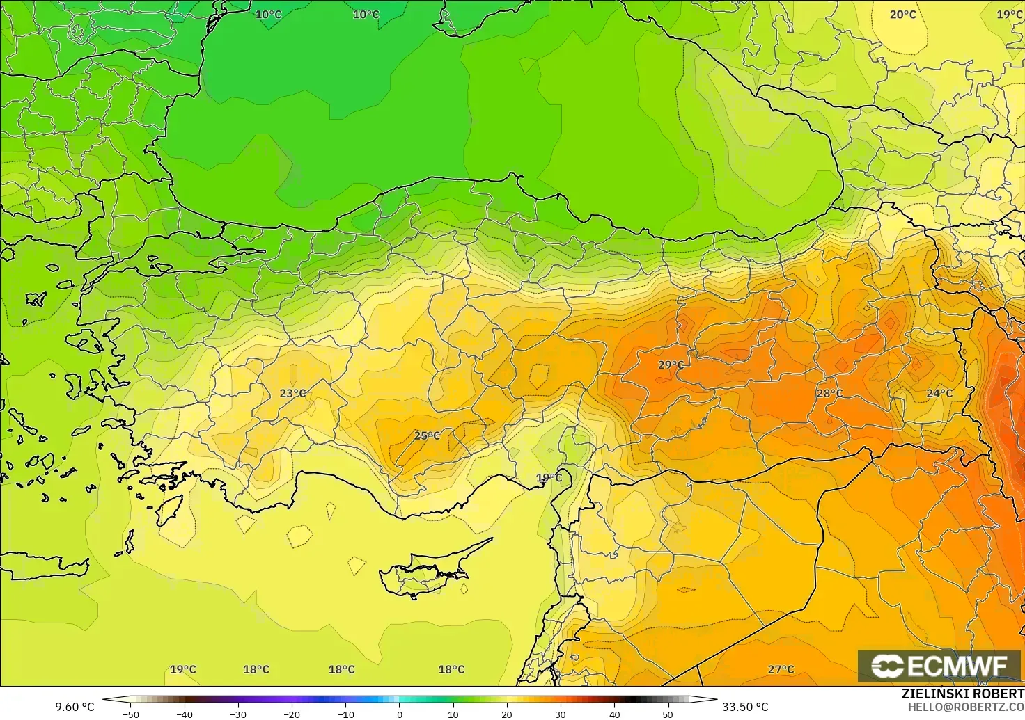 ECMWF IFS 0.25° モデル - トルコ, 気温（850hPa）