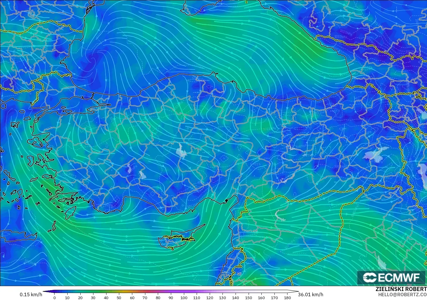 ECMWF IFS 0.25° モデル - トルコ, 風速（10m）