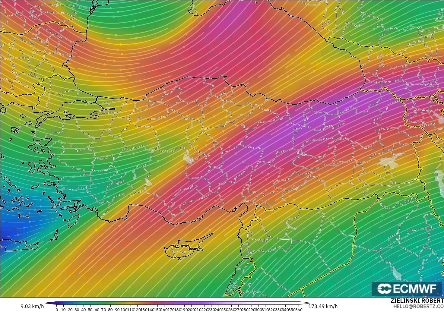 ECMWF IFS 0.25° モデル - トルコ, 風速（300hPa）