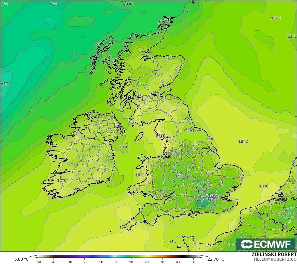 ECMWF IFS 0.25° モデル - イギリス, 露点温度（2m）