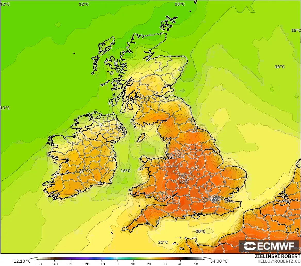 ECMWF IFS 0.25° モデル - イギリス, 気温（2m）