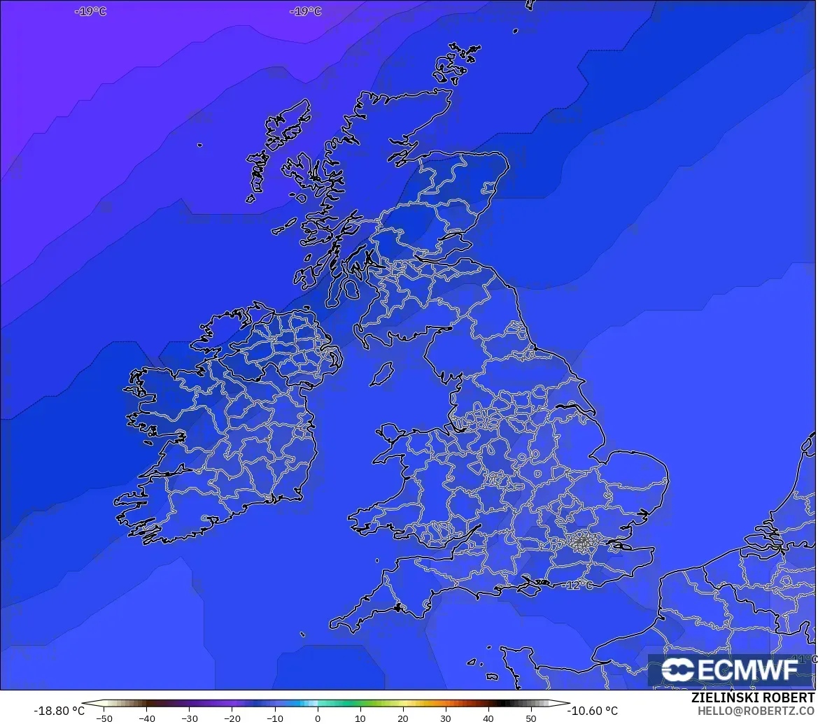 ECMWF IFS 0.25° モデル - イギリス, 気温（500hPa）