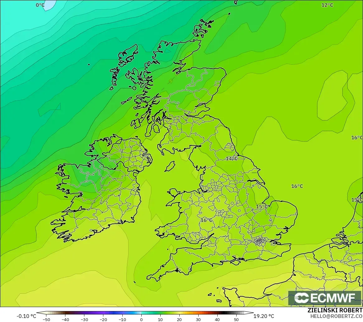 ECMWF IFS 0.25° モデル - イギリス, 気温（850hPa）