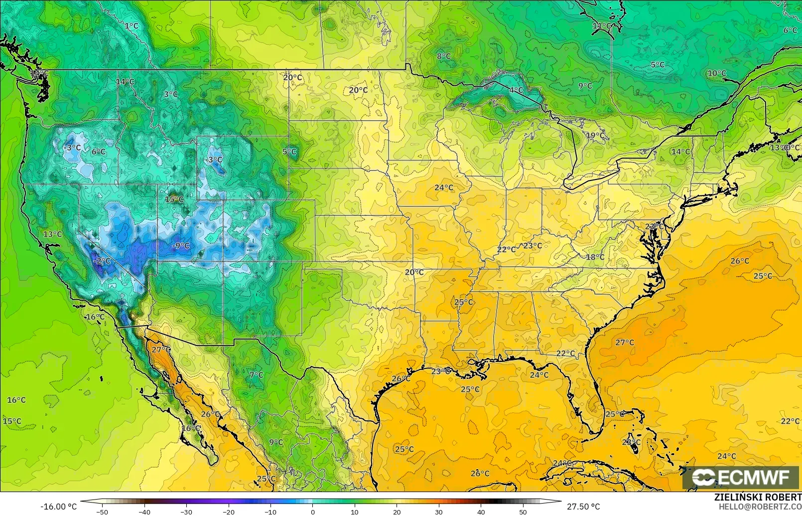 ECMWF IFS 0.25° モデル - アメリカ合衆国, 露点温度（2m）