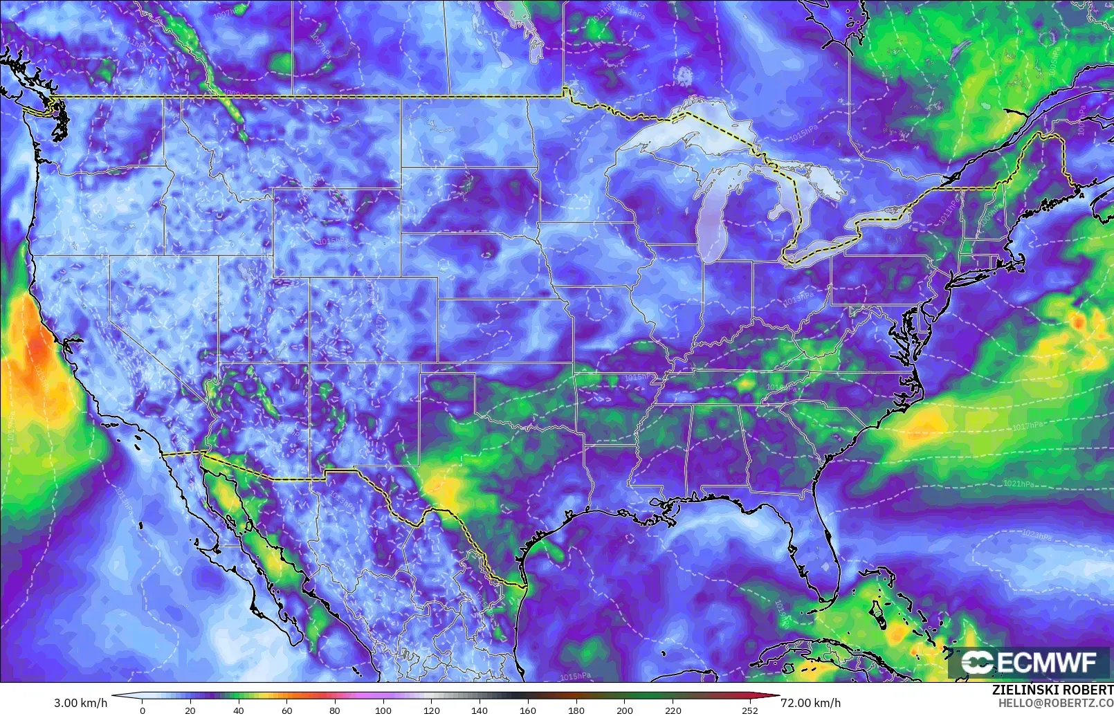 ECMWF IFS 0.25° モデル - アメリカ合衆国, 突風