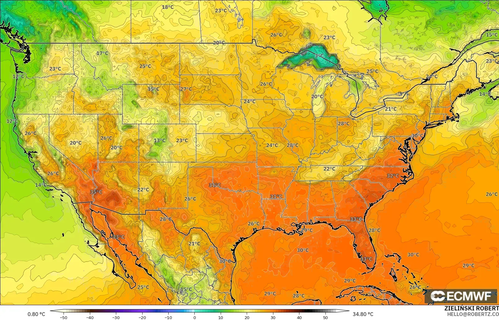 ECMWF IFS 0.25° モデル - アメリカ合衆国, 気温（2m）