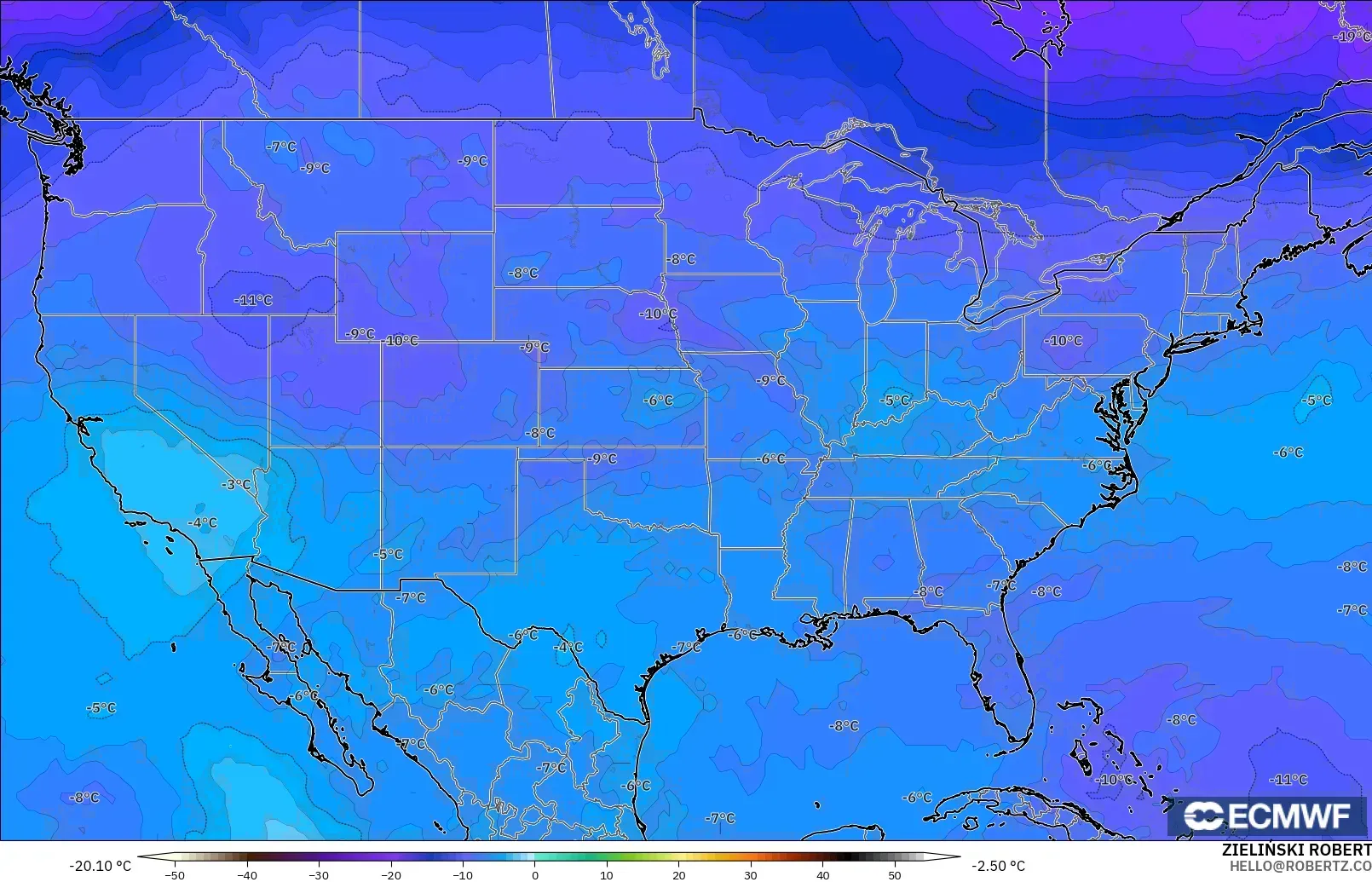 ECMWF IFS 0.25° モデル - アメリカ合衆国, 気温（500hPa）