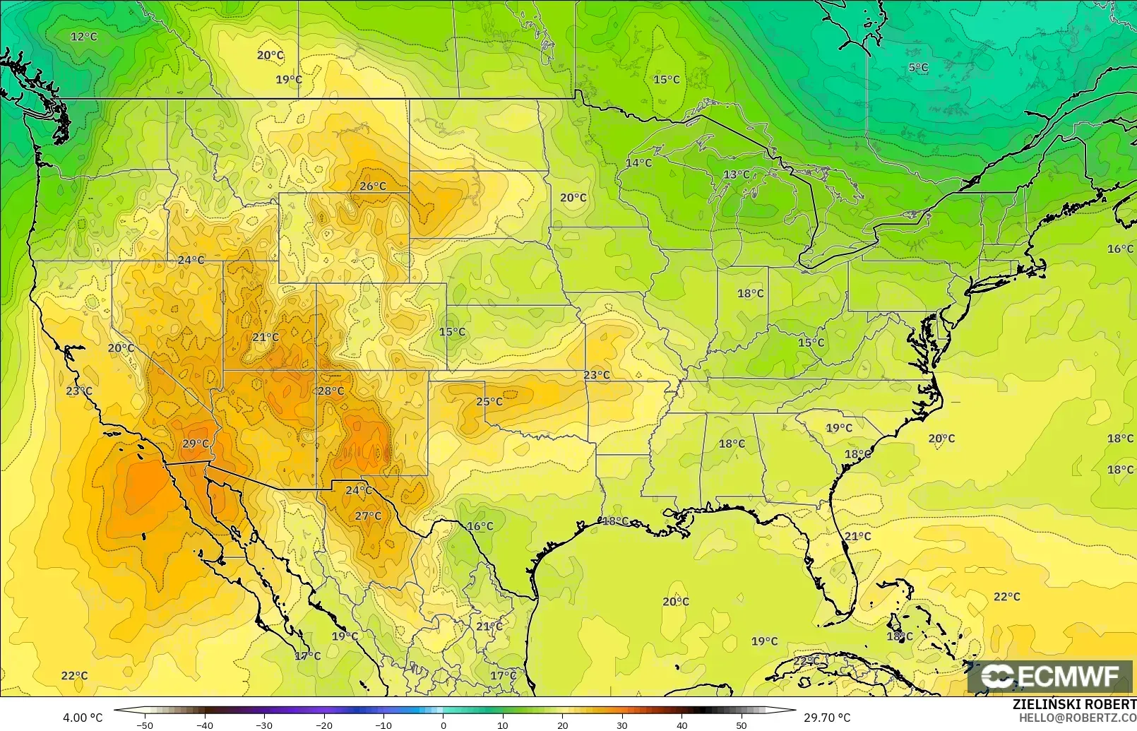 ECMWF IFS 0.25° モデル - アメリカ合衆国, 気温（850hPa）