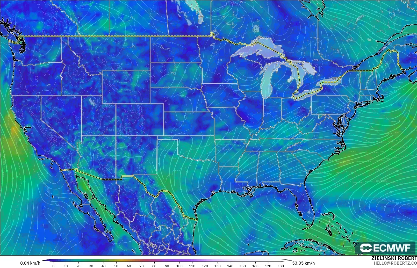 ECMWF IFS 0.25° モデル - アメリカ合衆国, 風速（10m）