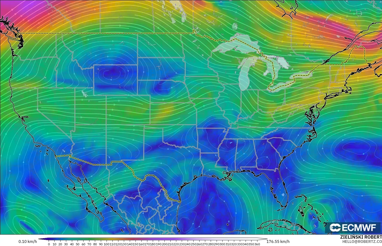 ECMWF IFS 0.25° モデル - アメリカ合衆国, 風速（300hPa）