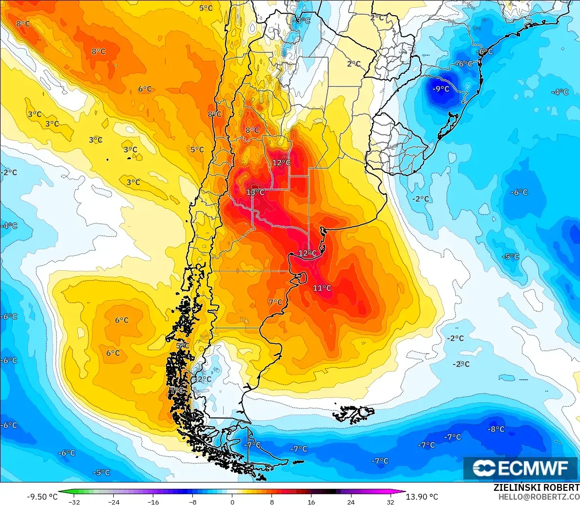 ECMWF IFS 0.25° モデル - アルゼンチン, 気温異常（850hPa）