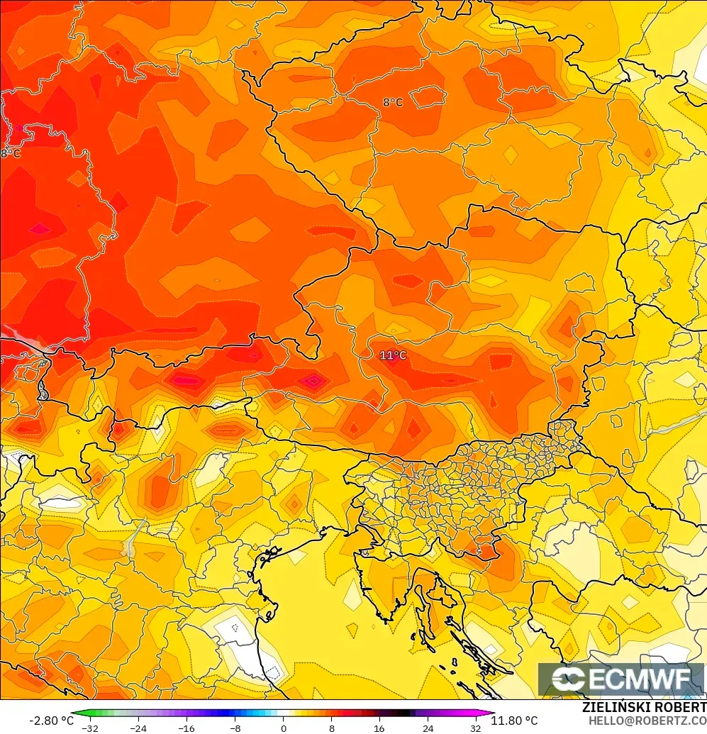 ECMWF IFS 0.25° モデル - オーストリア, 気温異常（2m）