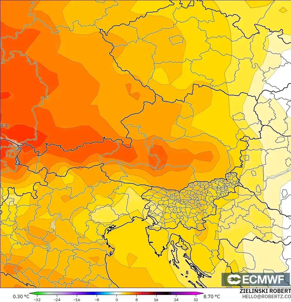 ECMWF IFS 0.25° モデル - オーストリア, 気温異常（850hPa）