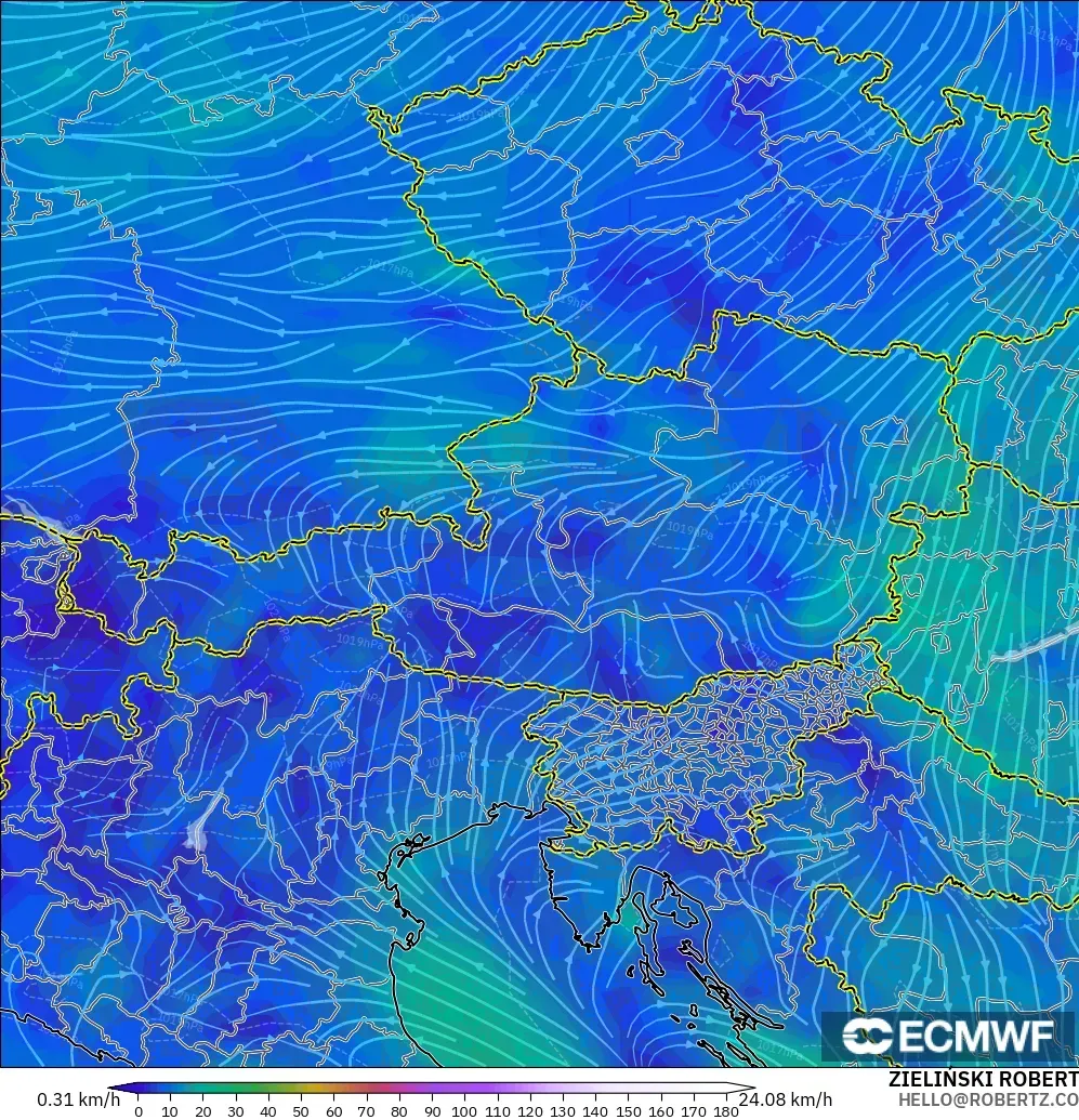 ECMWF IFS 0.25° モデル - オーストリア, 風速（10m）