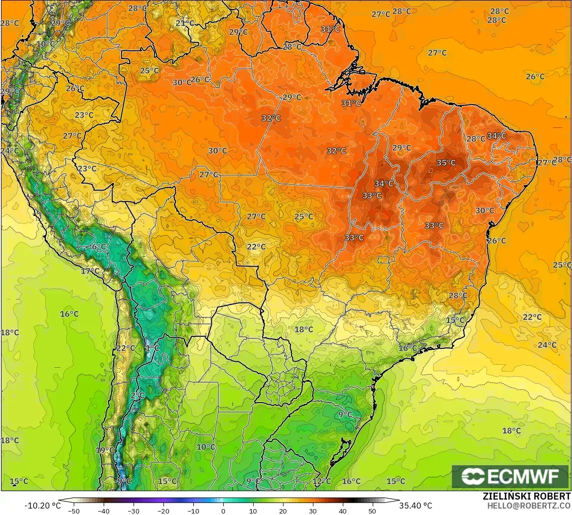 ECMWF IFS 0.25° モデル - ブラジル, 気温（2m）