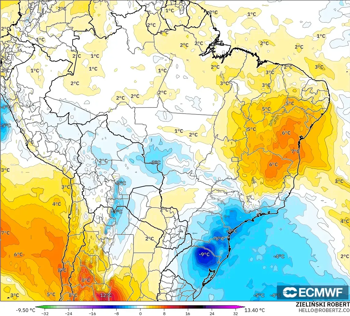 ECMWF IFS 0.25° モデル - ブラジル, 気温異常（850hPa）