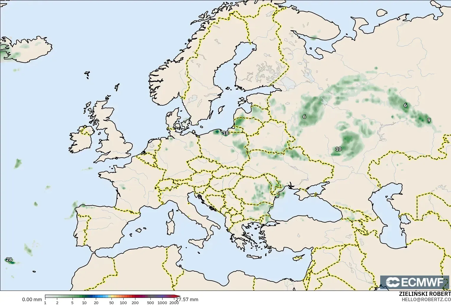 ECMWF IFS 0.25° モデル - ヨーロッパ, 降水量の合計