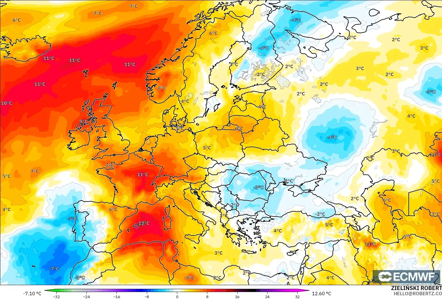 ECMWF IFS 0.25° モデル - ヨーロッパ, 気温異常（850hPa）