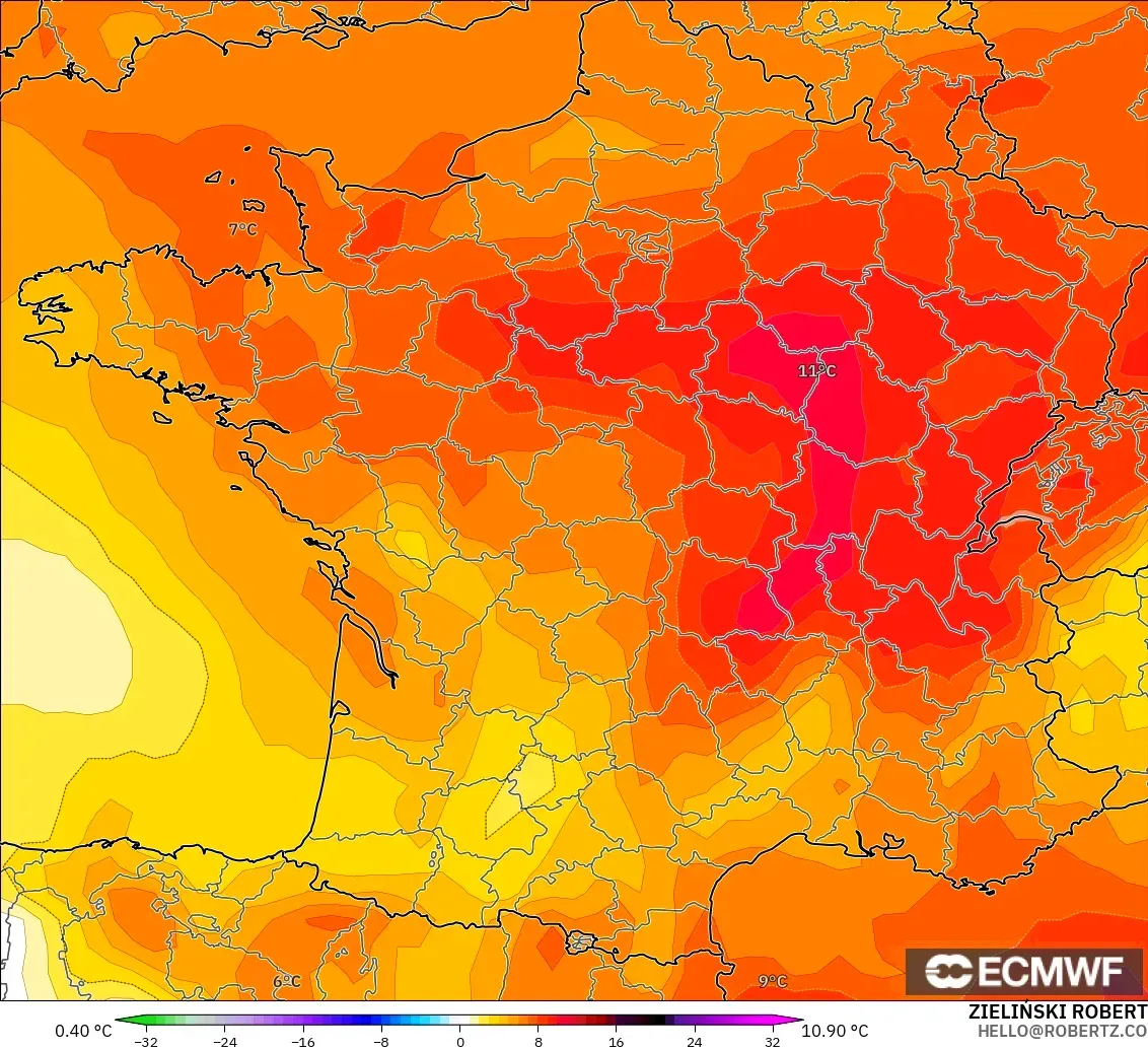 ECMWF IFS 0.25° モデル - フランス, 気温異常（850hPa）