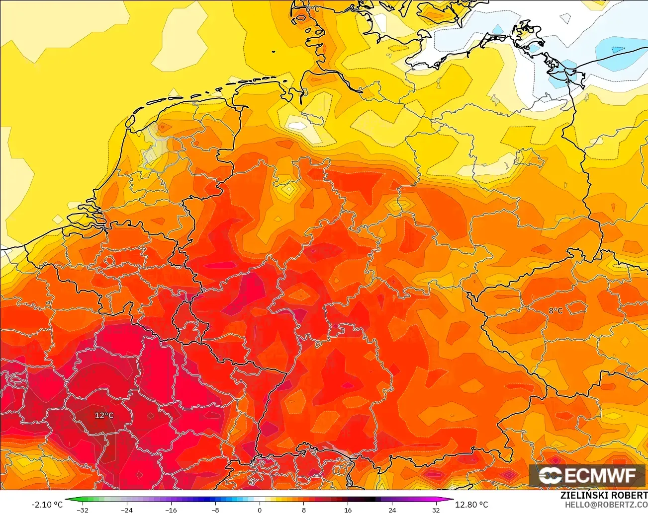 ECMWF IFS 0.25° モデル - ドイツ, 気温異常（2m）