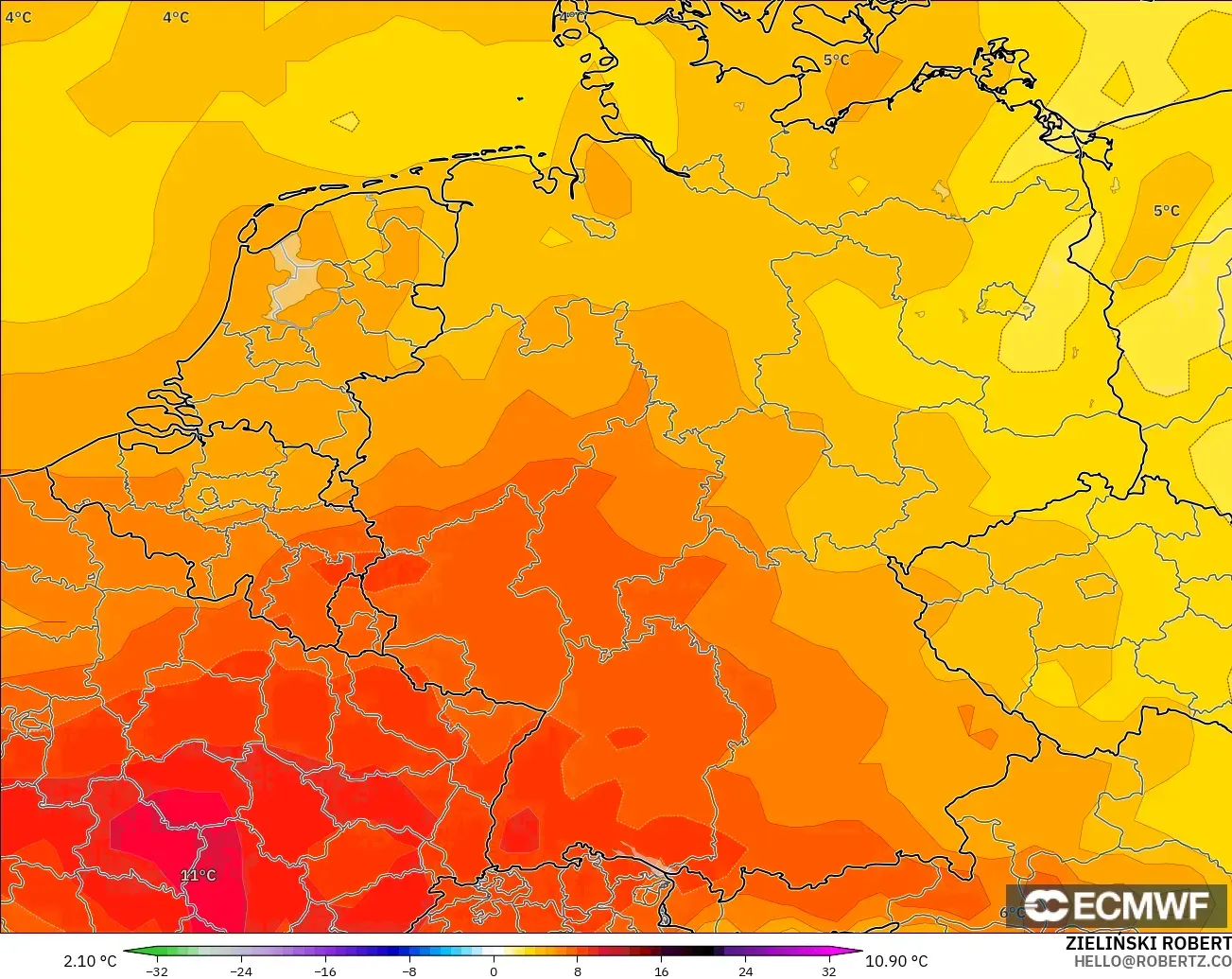 ECMWF IFS 0.25° モデル - ドイツ, 気温異常（850hPa）