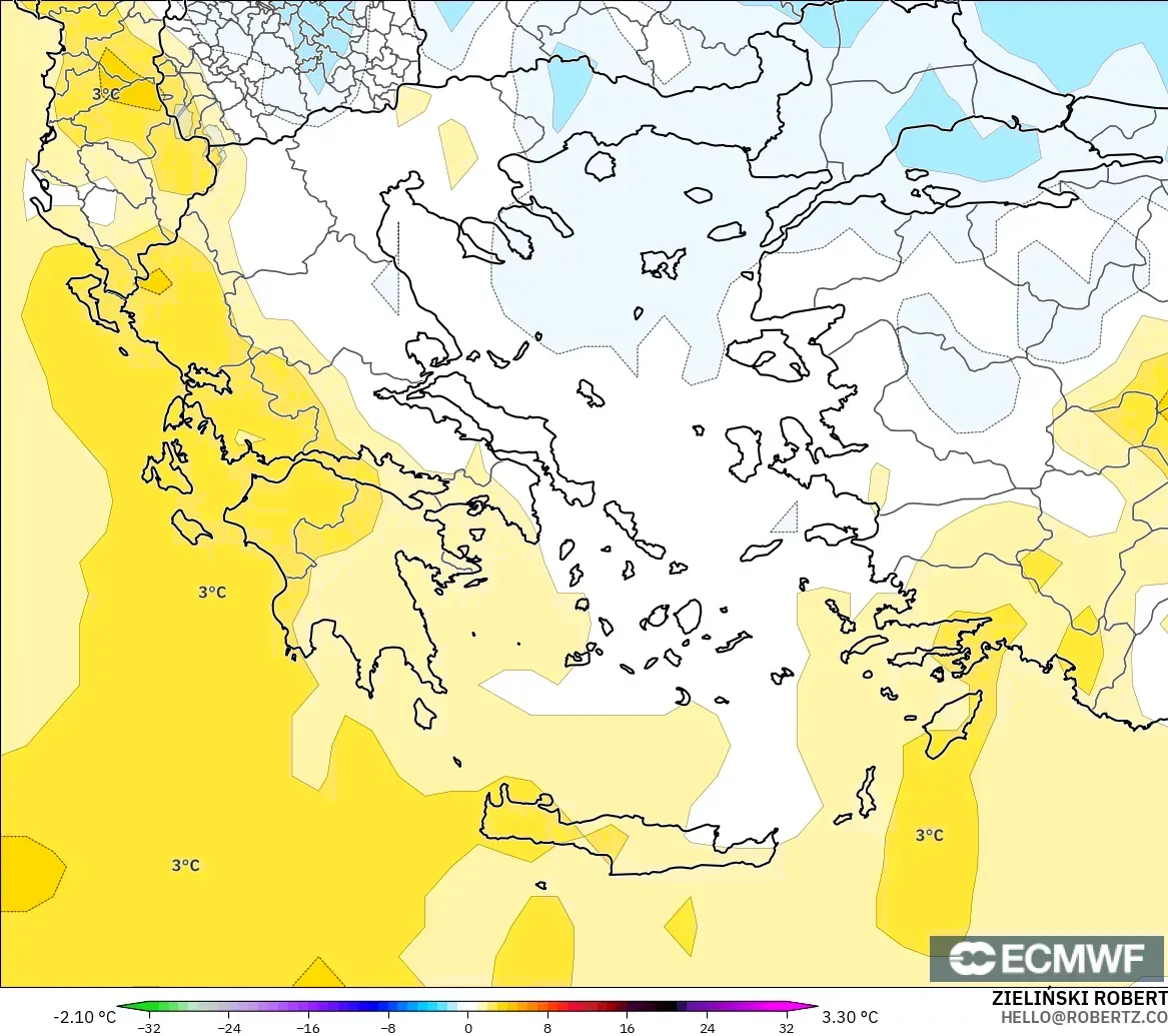 ECMWF IFS 0.25° モデル - ギリシャ, 気温異常（850hPa）