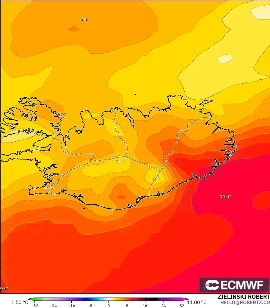ECMWF IFS 0.25° モデル - アイスランド, 気温異常（850hPa）