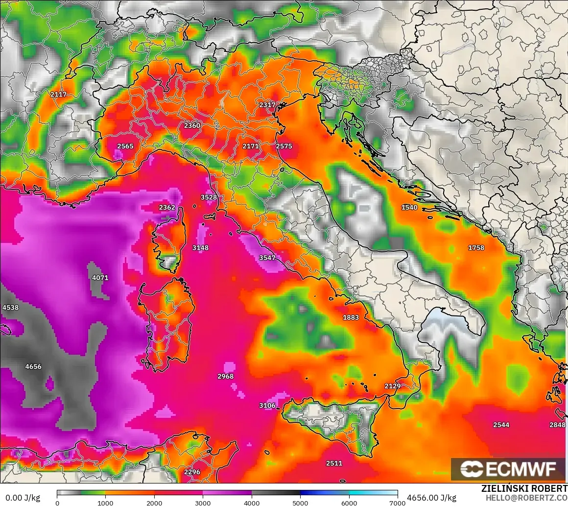 ECMWF IFS 0.25° モデル - イタリア, CAPE