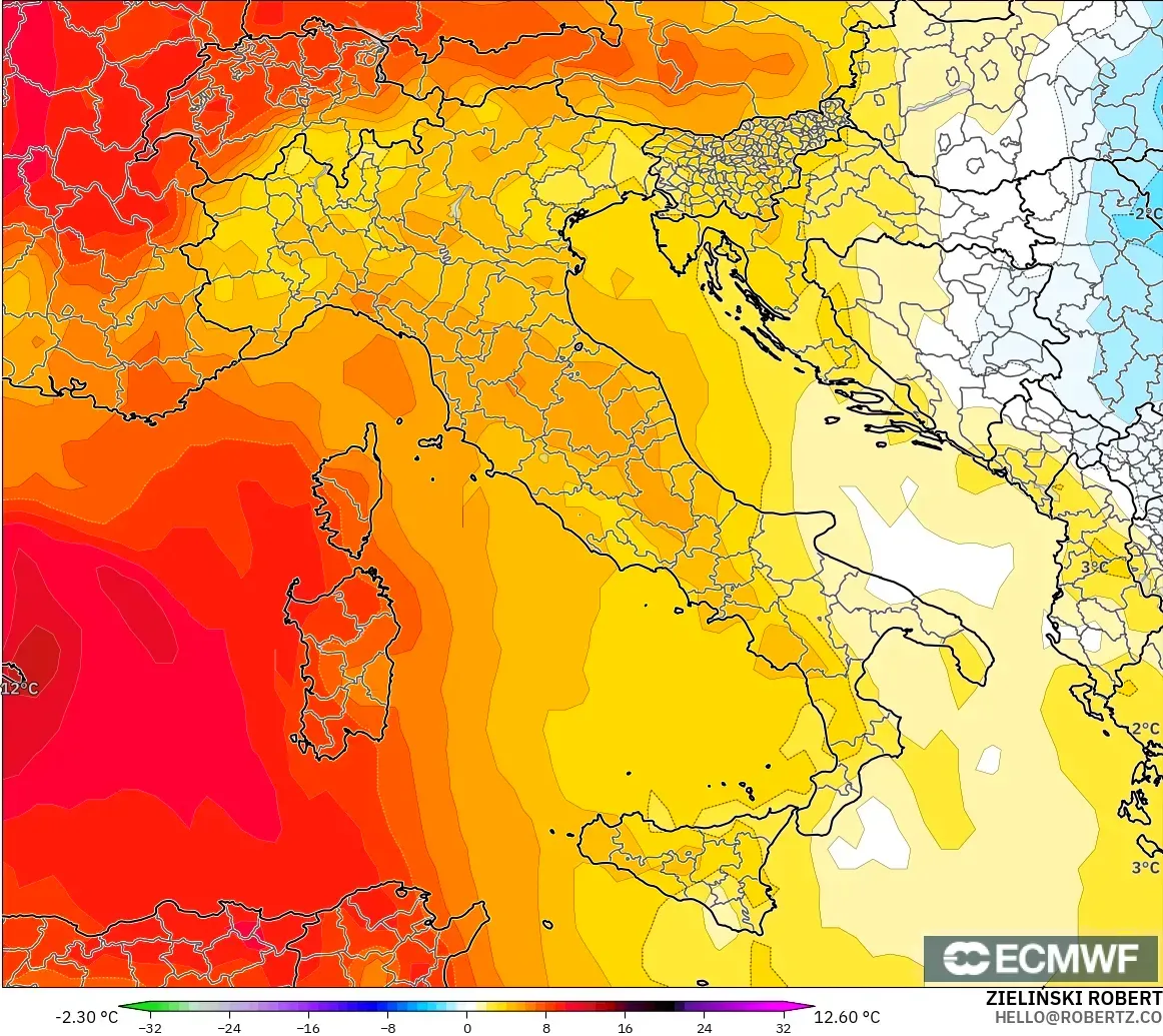ECMWF IFS 0.25° モデル - イタリア, 気温異常（850hPa）