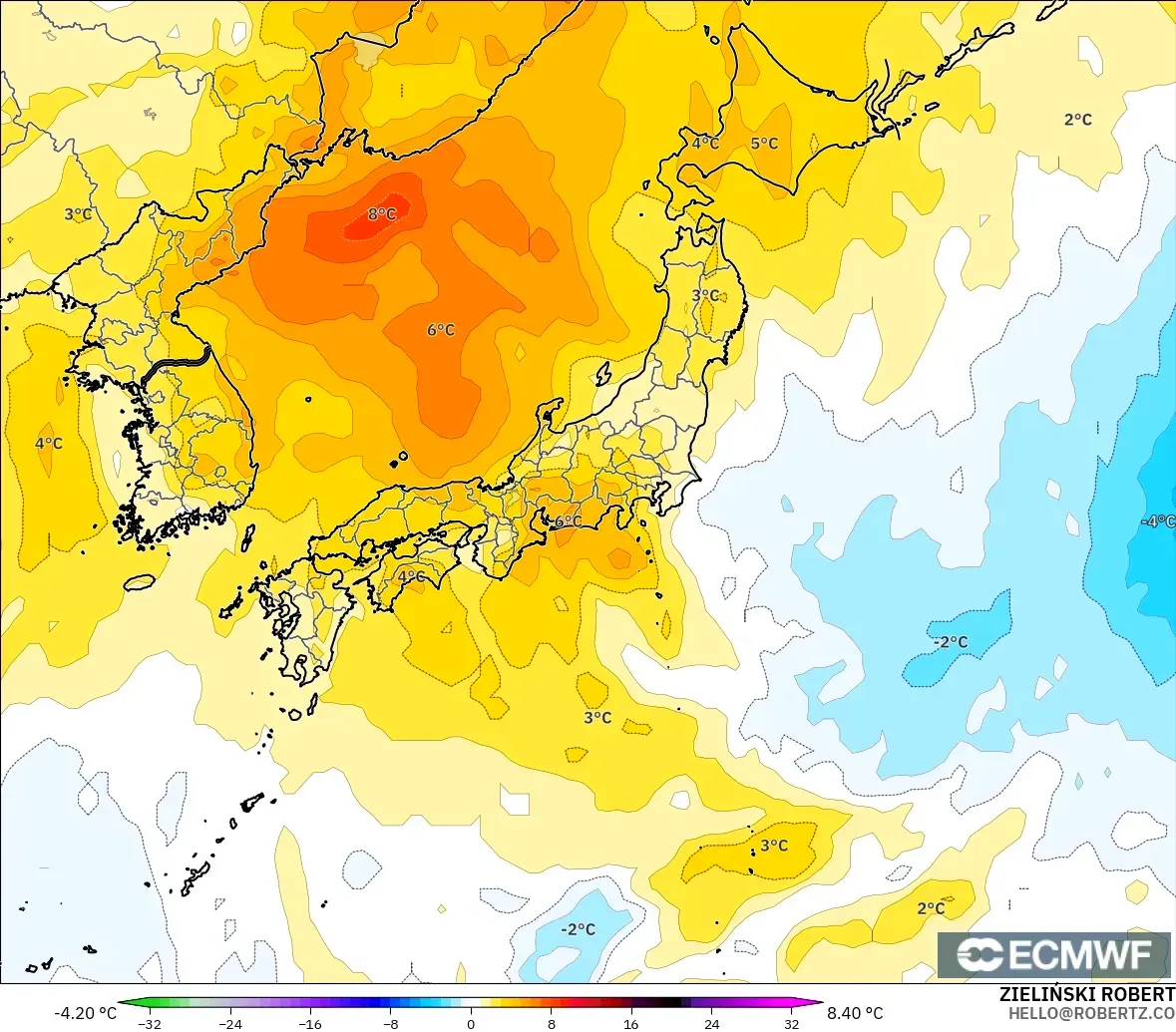 ECMWF IFS 0.25° モデル - 日本, 気温異常（850hPa）
