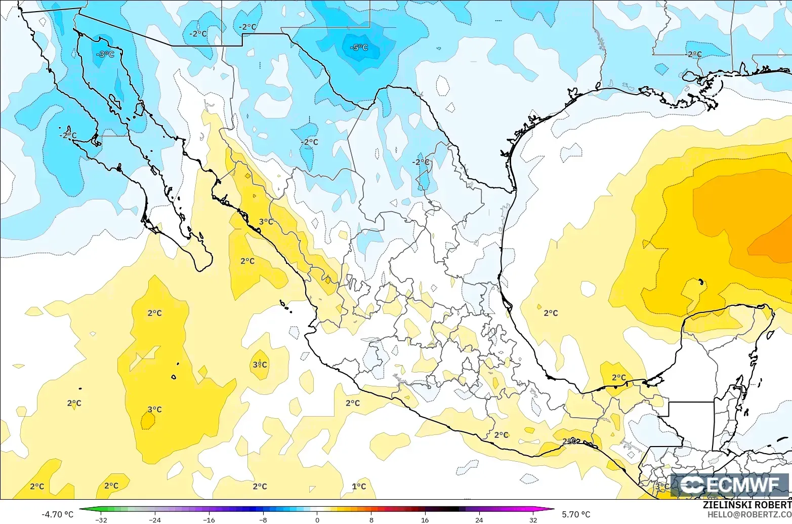 ECMWF IFS 0.25° モデル - メキシコ, 気温異常（850hPa）
