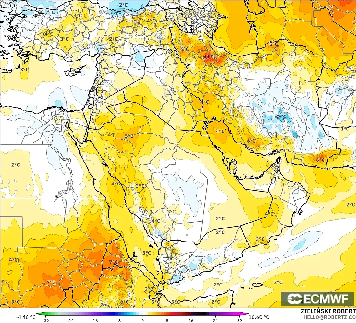 ECMWF IFS 0.25° モデル - 中東, 気温異常（850hPa）