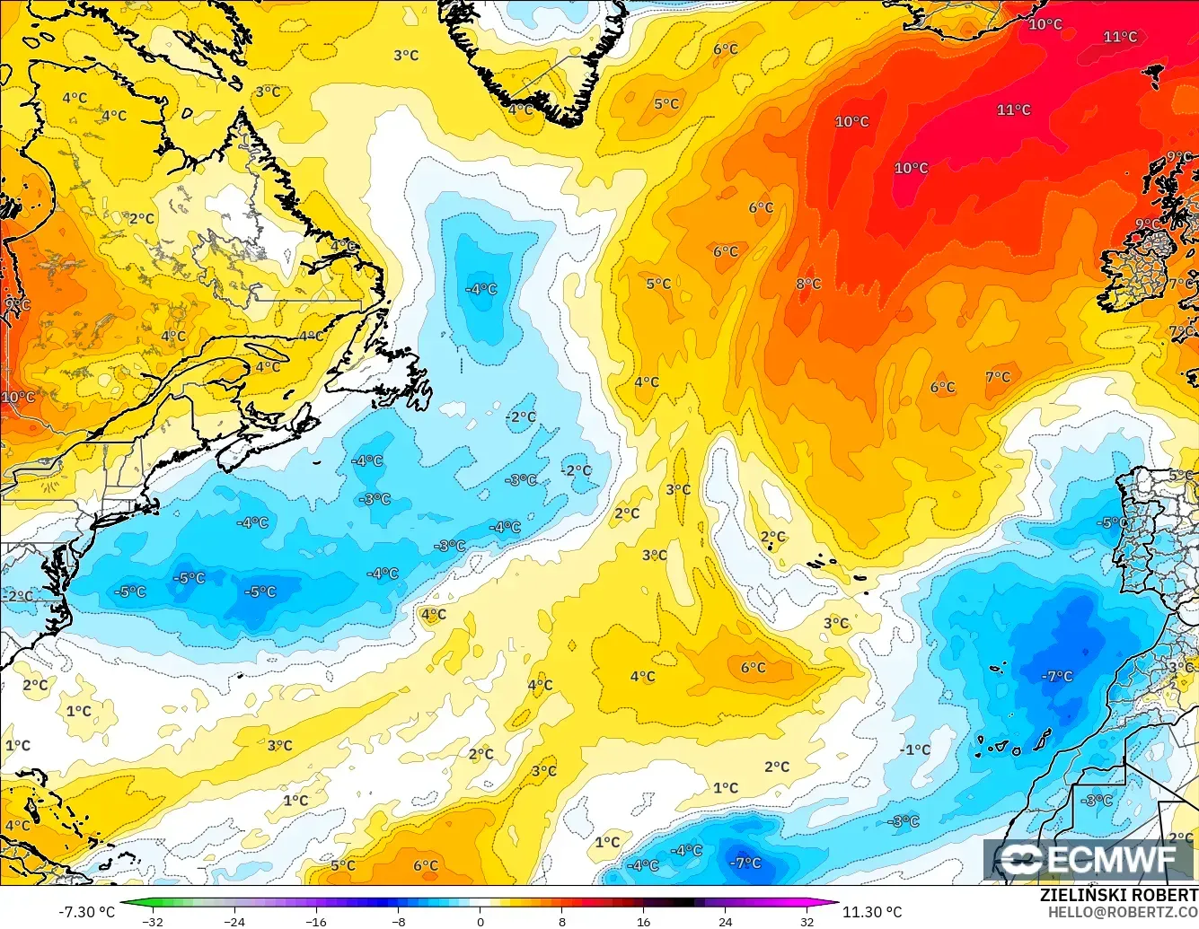 ECMWF IFS 0.25° モデル - 北大西洋, 気温異常（850hPa）