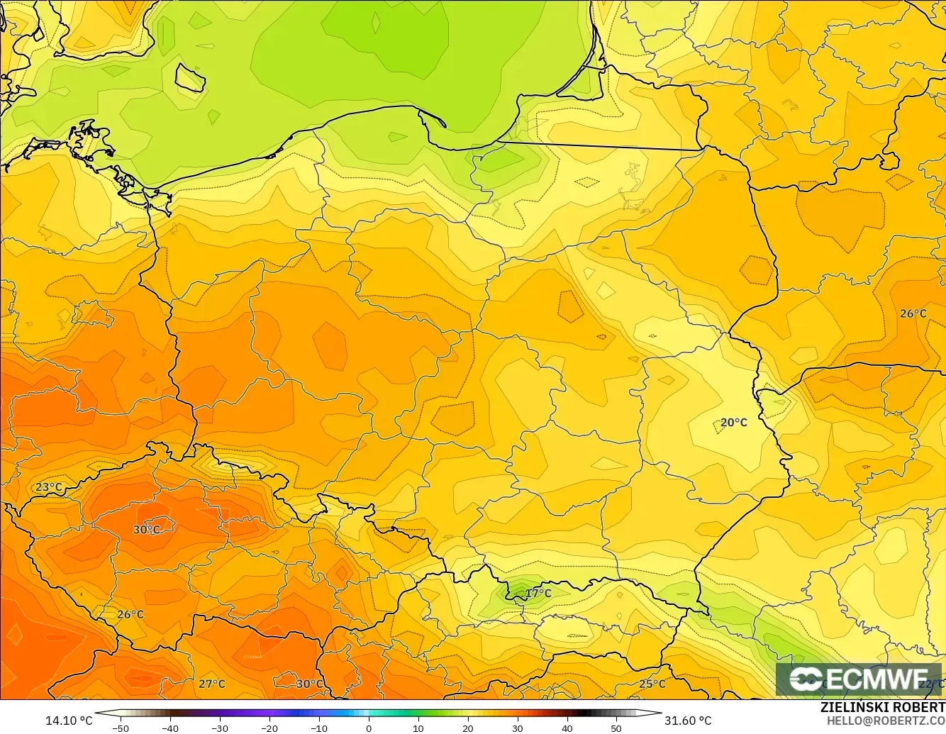 ECMWF IFS 0.25° モデル - ポーランド, 気温（2m）