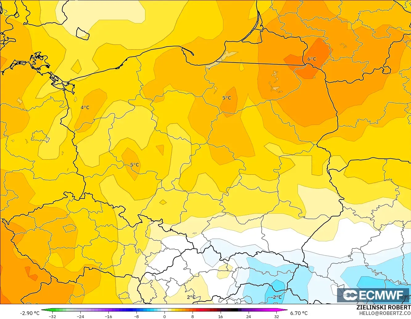 ECMWF IFS 0.25° モデル - ポーランド, 気温異常（850hPa）