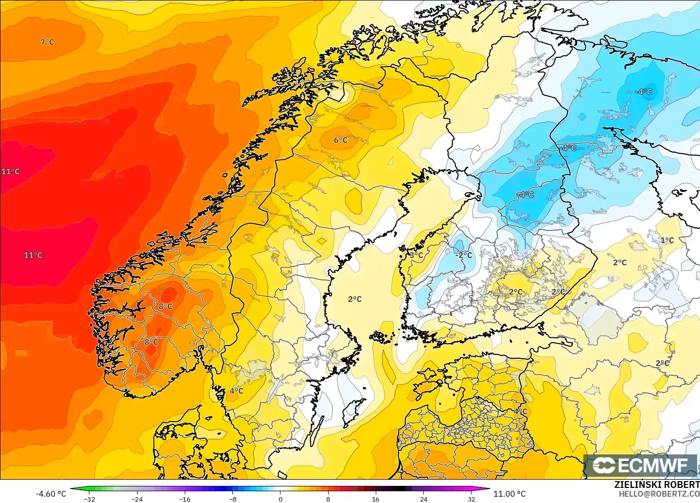 ECMWF IFS 0.25° モデル - スカンジナビア, 気温異常（850hPa）