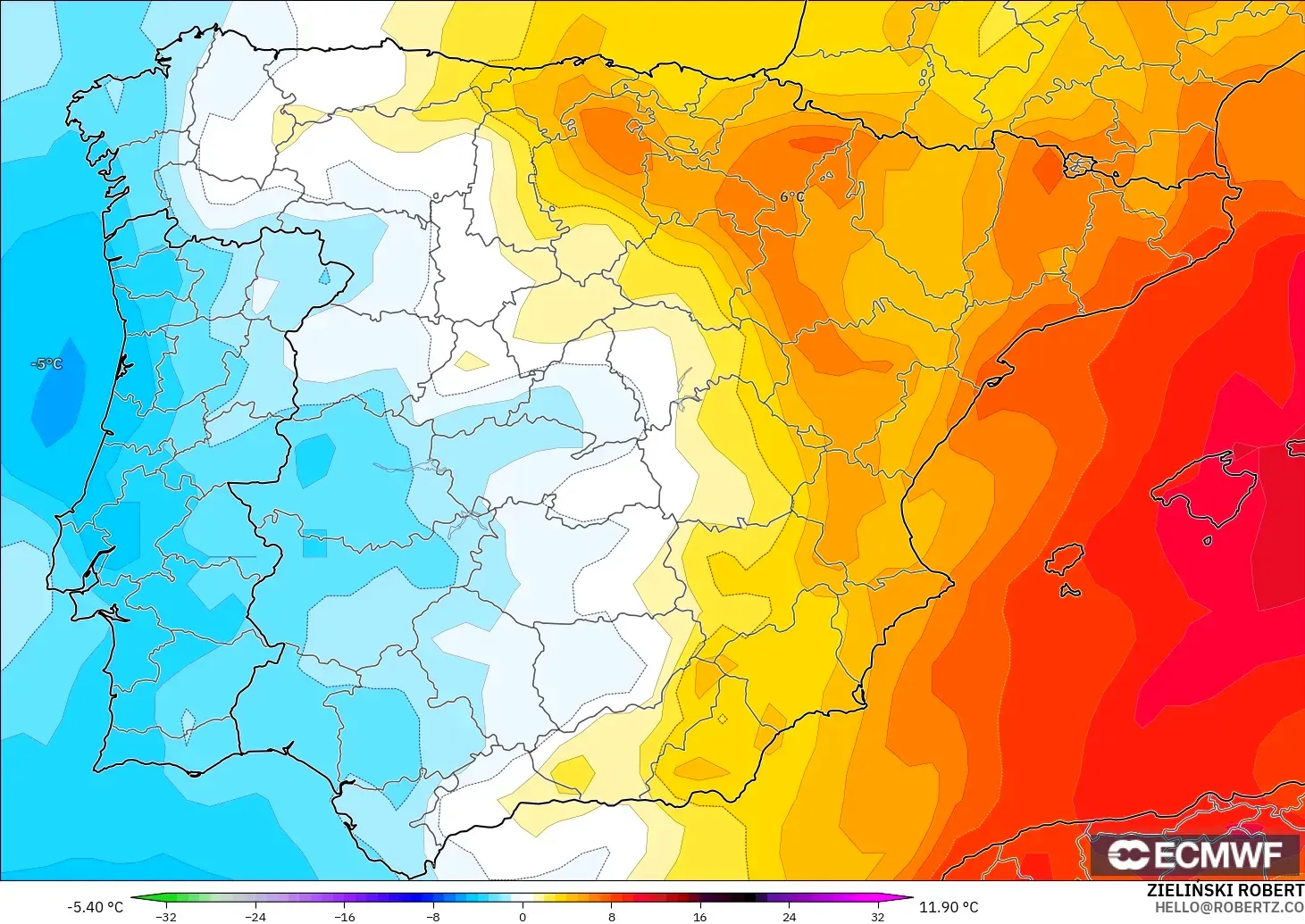 ECMWF IFS 0.25° モデル - スペイン, 気温異常（850hPa）