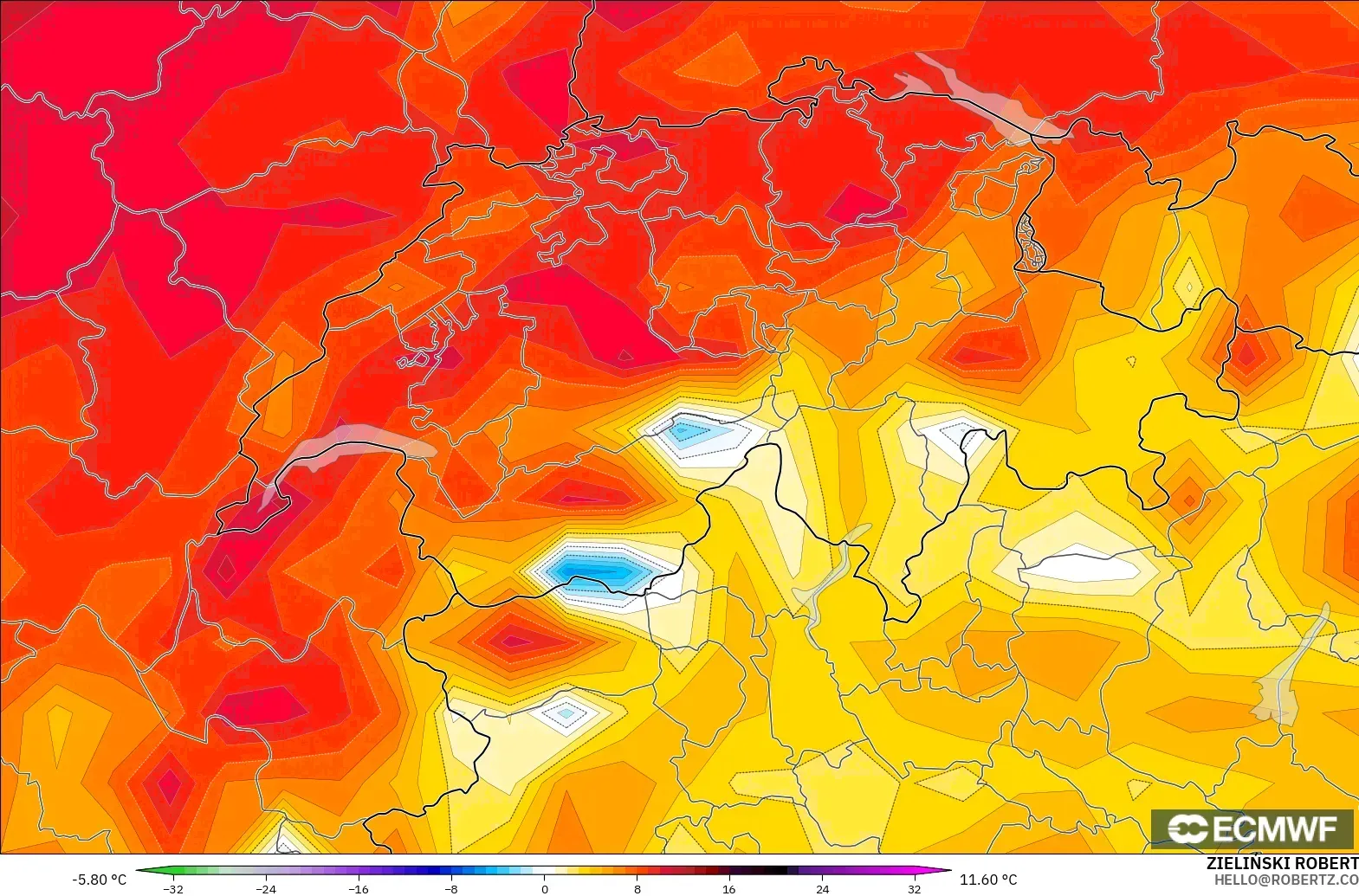 ECMWF IFS 0.25° モデル - スイス, 気温異常（2m）