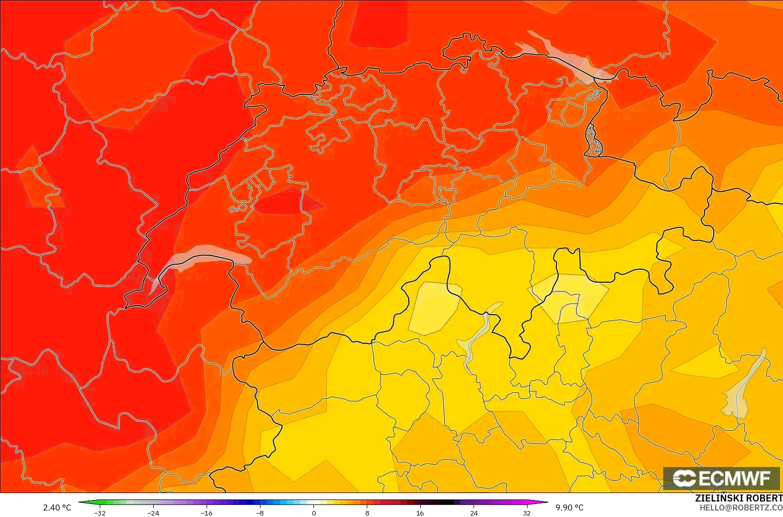 ECMWF IFS 0.25° モデル - スイス, 気温異常（850hPa）