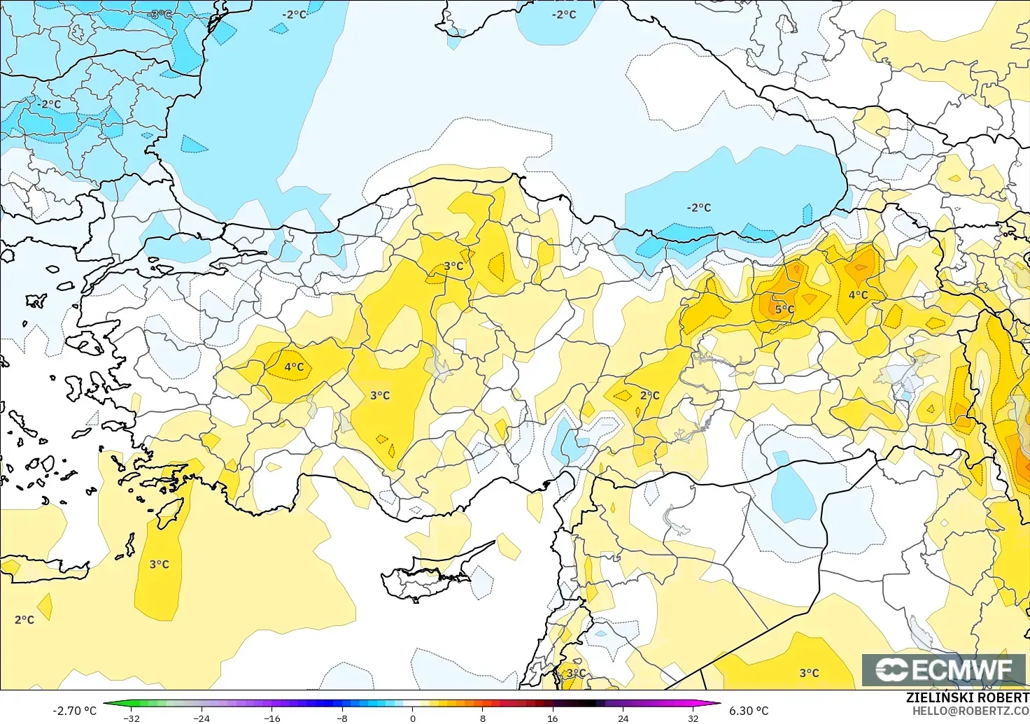 ECMWF IFS 0.25° モデル - トルコ, 気温異常（850hPa）