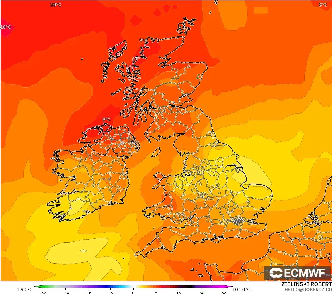 ECMWF IFS 0.25° モデル - イギリス, 気温異常（850hPa）