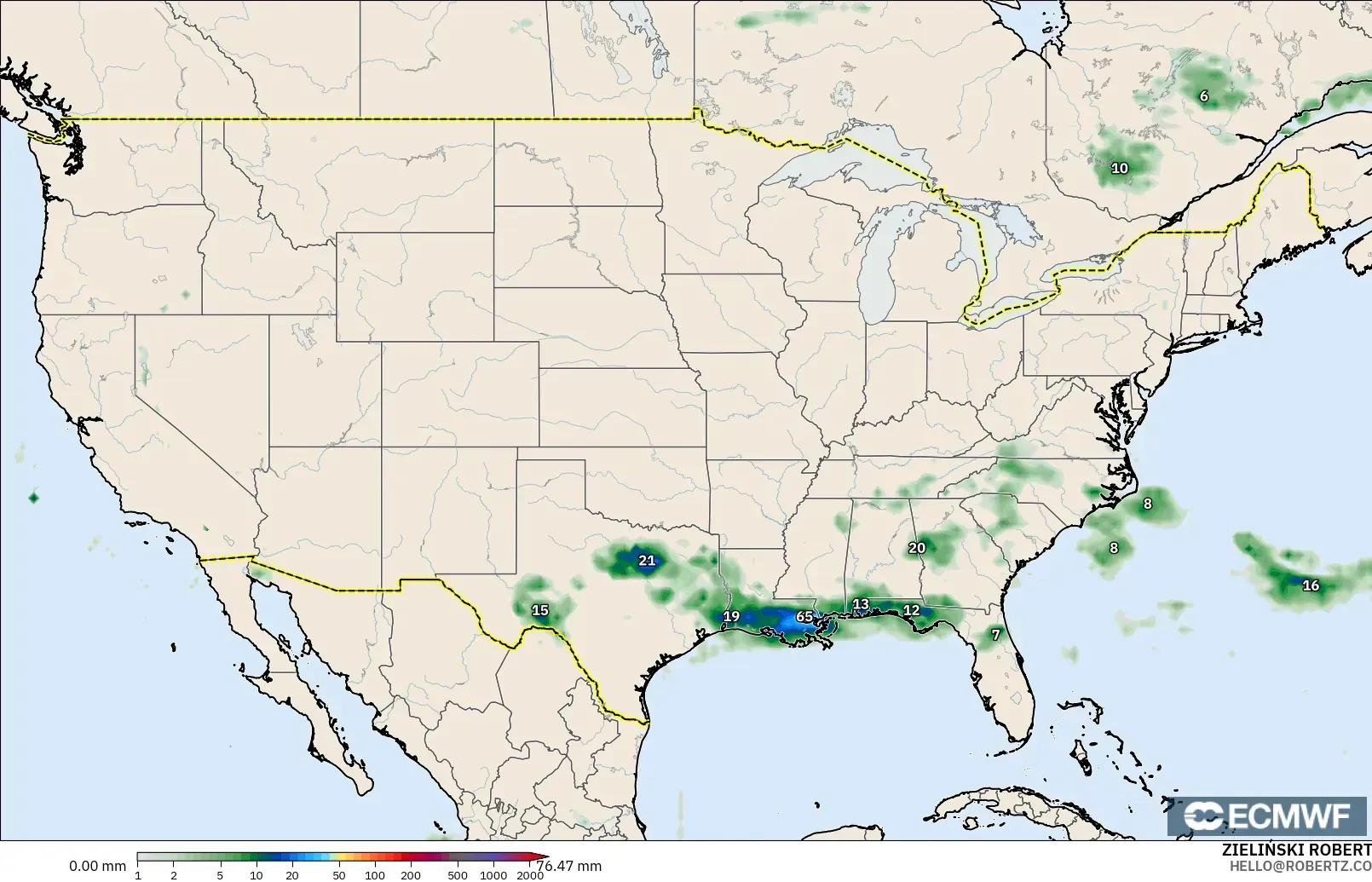 ECMWF IFS 0.25° モデル - アメリカ合衆国, 降水量の合計