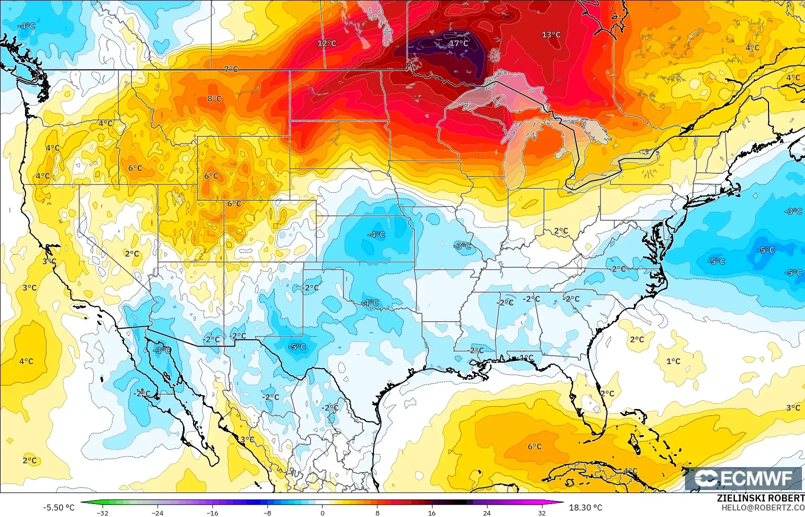 ECMWF IFS 0.25° モデル - アメリカ合衆国, 気温異常（850hPa）