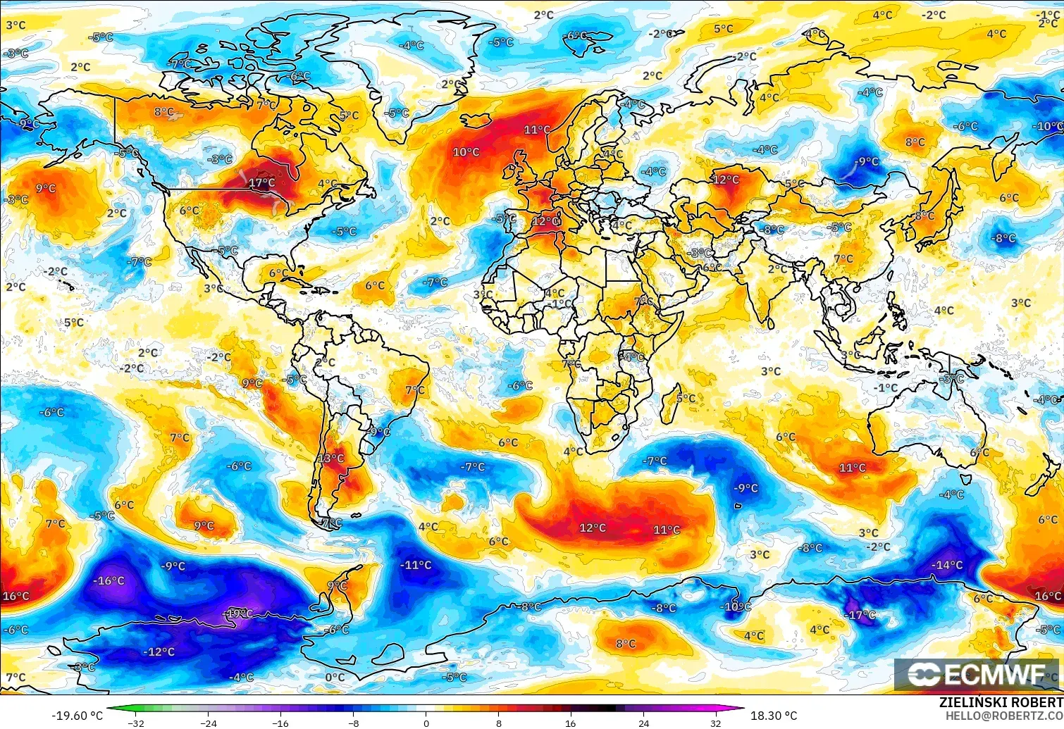 ECMWF IFS 0.25° モデル - 世界, 気温異常（850hPa）