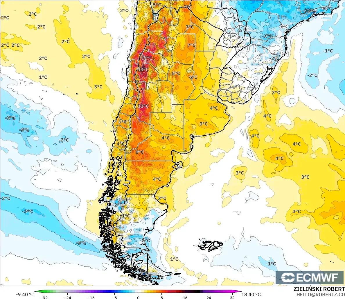 ECMWF IFS 0.25° モデル - アルゼンチン, 気温異常（2m）