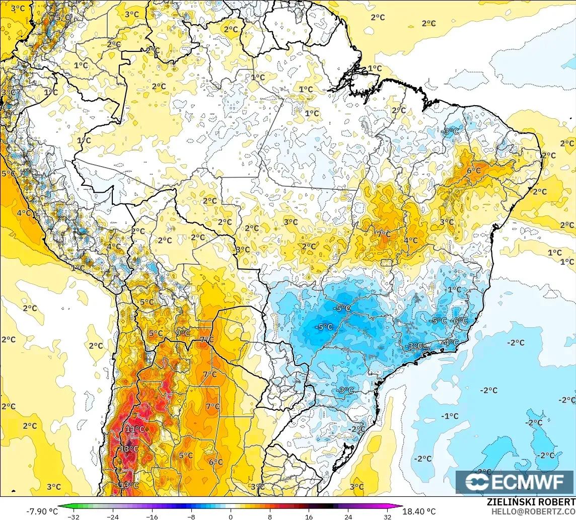 ECMWF IFS 0.25° モデル - ブラジル, 気温異常（2m）
