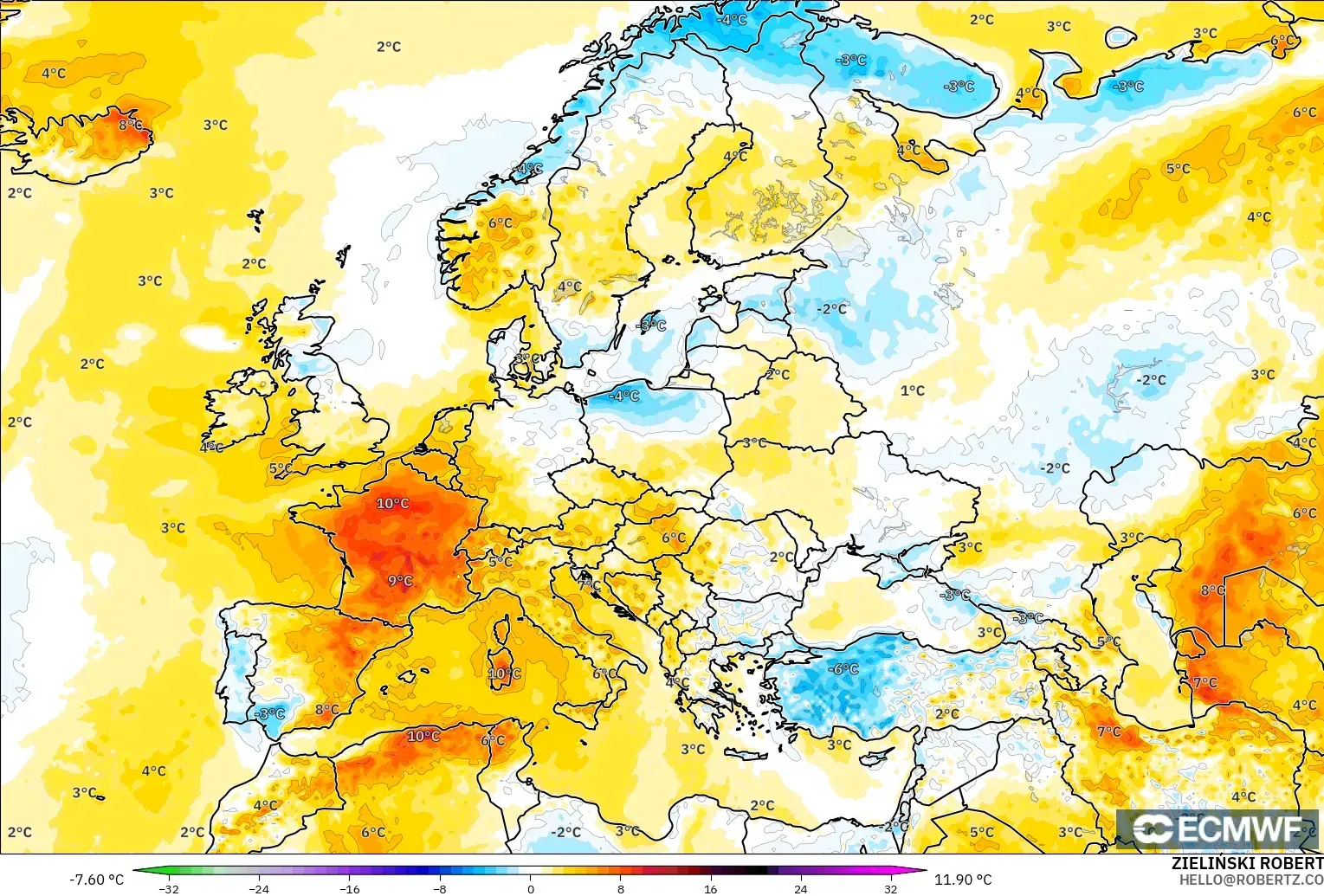ECMWF IFS 0.25° モデル - ヨーロッパ, 気温異常（2m）