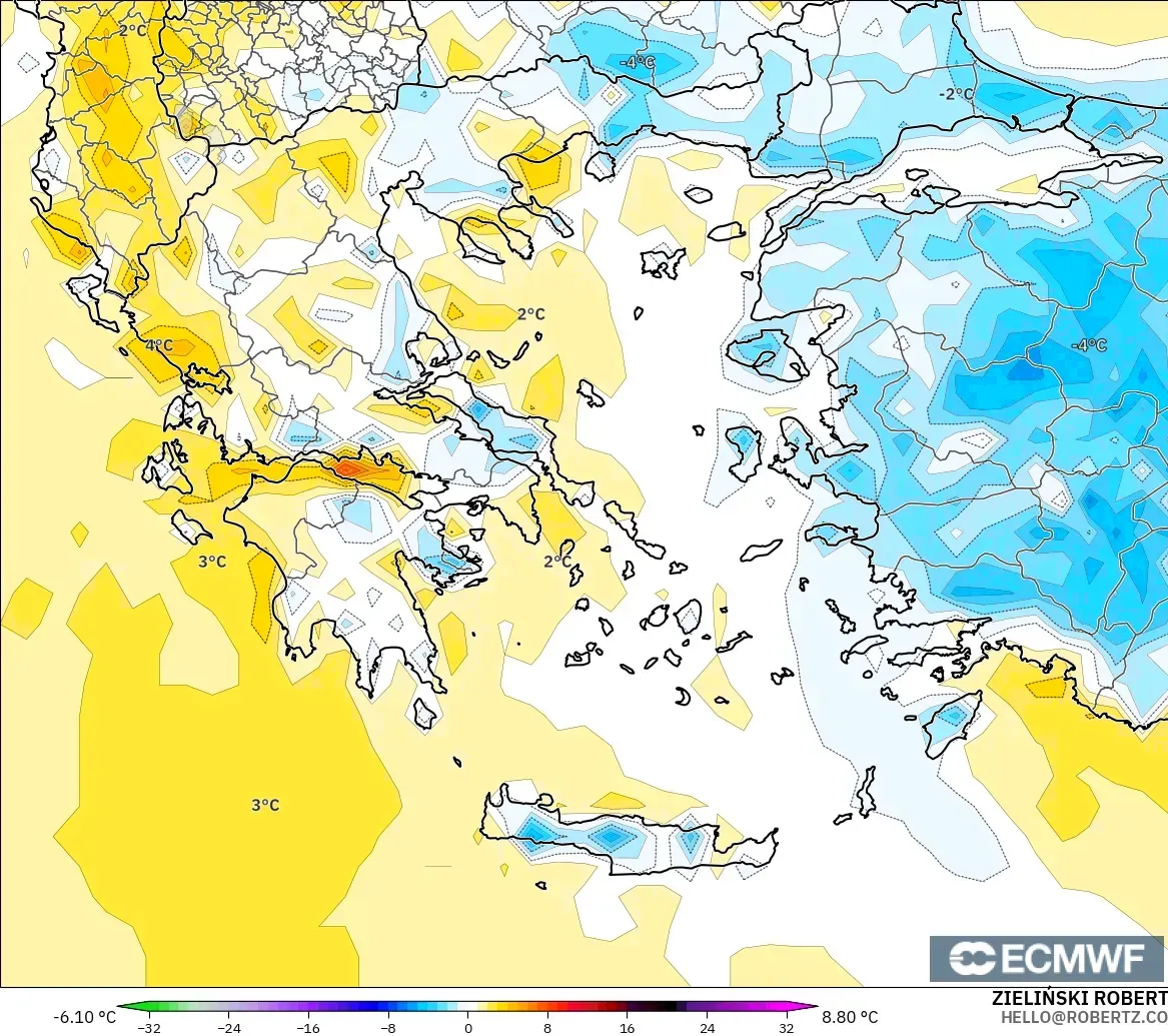 ECMWF IFS 0.25° モデル - ギリシャ, 気温異常（2m）